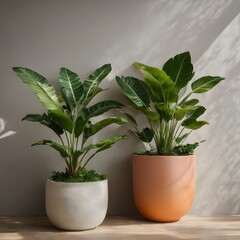 Plants in pots at wall background