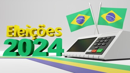 Renderização 3d de urna eletrônica com botões dizendo em português: "branco", "corrige" e "confirma", com letras em 3d dizendo: "eleições 2024", e bandeiras do Brasil.