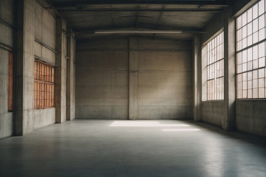 Empty industrial room highlighting the beauty of unfinished concrete walls.