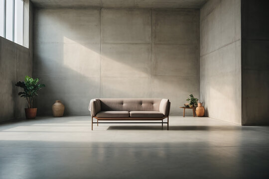 Empty minimalist interior with raw concrete walls, creating a unique textured background.