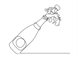 Continuous one line drawing of Uncorked Champagne Bottle. Vector illustration.
