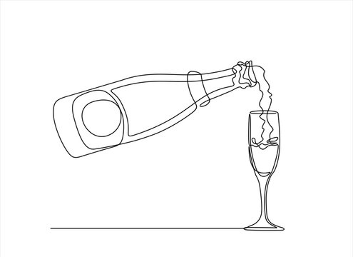 Prosecco glass The process of pouring wine into a glass. Pours champagne from a bottle into a glass. Line art, vector continuous line drawing. Black and white illustration. Christmas, New Year holiday