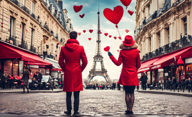 Romantic couple in Paris on Valentines Day - obrazy, fototapety, plakaty