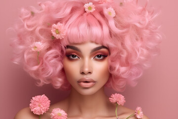 Portrait of beautiful woman with pink hair and flowers