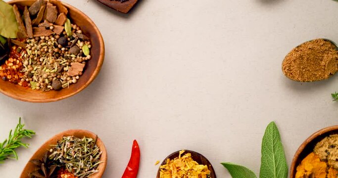 Spices, herbs and chilli for seasoning, kitchen and studio for curry, condiments and above angle. Food, natural and different for organic, chilli and choice for ingredients, mockup space and india