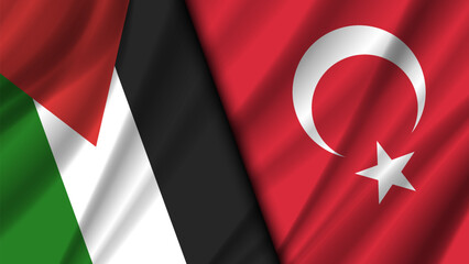 Vector economic and political banner. Wavy flags of Palestine and Turkey. Support and alliance.