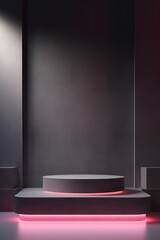 3D Beautiful minimalist background with gray podium and neon light generative ai