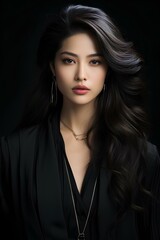 Fototapeta premium Close-up of a high-fashion model with captivating asian features, exuding an air of refinement and grace. She wears a tasteful design outfit that highlights her unique beauty and personal style.