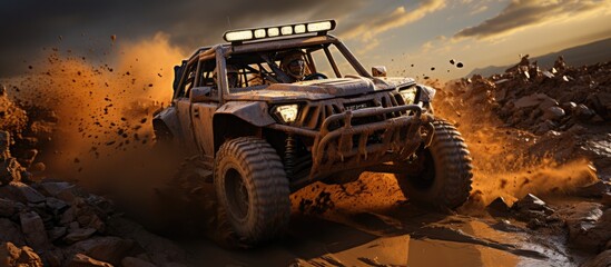 Off road vehicles fly from mud pits in off-road competition