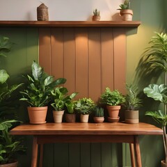 Fototapeta na wymiar Brown wooden table with potted plants and green wall background