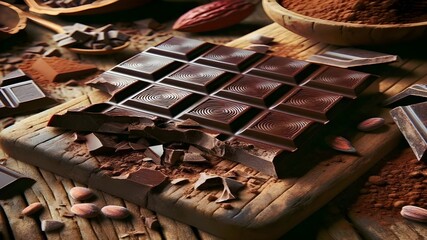 En gros plan, un bonbon de chocolat foncé cassé révèle son cœur de cacao délicieux. Cet aliment, doux et sucré, éveille les papilles avec intensité. - obrazy, fototapety, plakaty