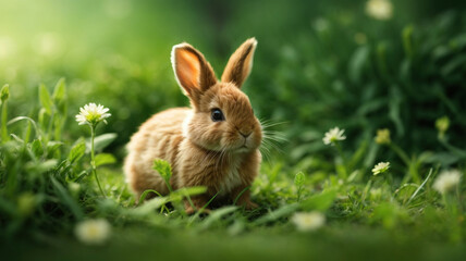 cute small rabbit in the spring grass