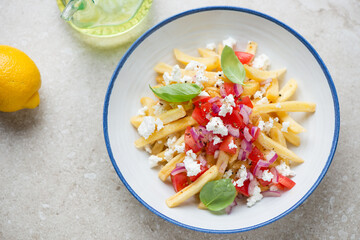 Blue and white plate with loaded greek-style potato fries, horizontal shot on a light-beige stone background, selective focus