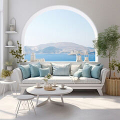 Seascape Coastal Front with Arch, White Couch with Blue pillows, plant in pot, cozy, hygge inspired aesthetic style, boho style, natural, neutral