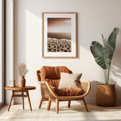 Boho Room Interior with whicker armchair. Beige pot with green plants and coffee table. Natural daylight from window with shadows on wall. Beautiful sea view photo frame. Natural light, boho colors.