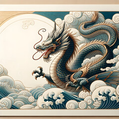 波のような雲の中を雄大な姿で飛翔する龍