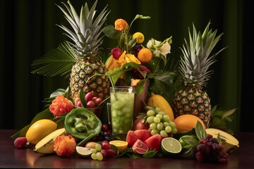 Fresh fruits and juice on wooden table with palm leaves. Tropical background