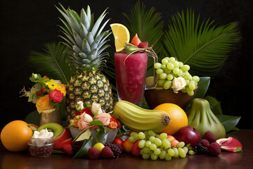 Assorted fresh tropical fruits in a basket on a dark background.