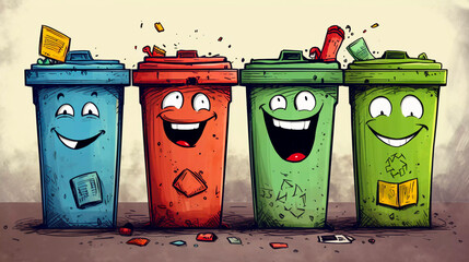 funny recycling trash, street garbage, colored waste bins, Generative AI