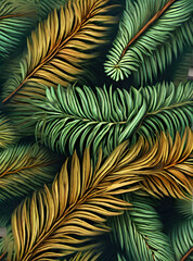 Painted fir branch on vintage background. Volumetric