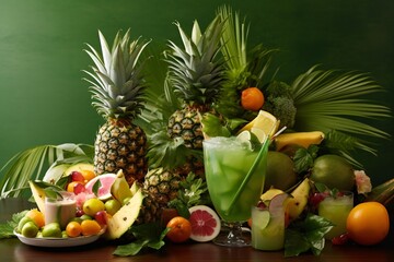 Assorted fresh tropical fruits on a dark background.