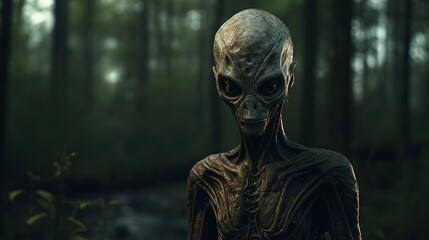 A scary alien lurking in the distance behind the trees, created using Generative AI technology.