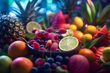Assorted fresh fruits in a basket on a wooden table. Selective focus.