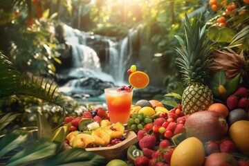 tropical fruit and juice on wooden table with beautiful waterfall background.