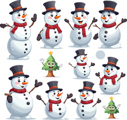 Snowman and  christmas tree. Cheerful christmas snowmen winter outdoor festive happy xmas tree holiday cute characters, flat vector cartoon isolated set