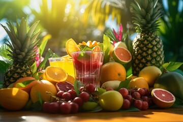 Fresh fruits and juice on wooden table with palm leaves. Tropical background
