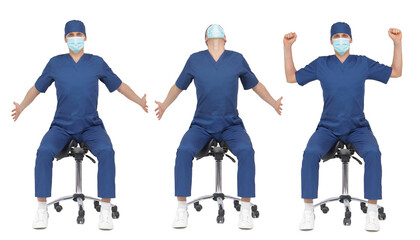 Professional  medical male,stretching arms, back,neck   sitting on mobile saddle - front view