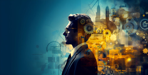 Man's profile with city and gears overlay, symbolizing urban technology and thought