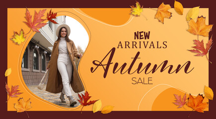 New arrivals. Flyer design with beautiful woman in stylish coat, dry leaves and text Autumn Sale on orange background