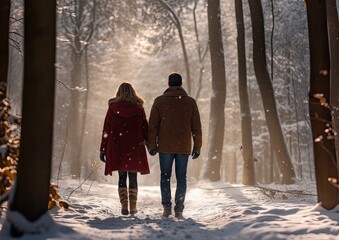 A cinematic photograph of a couple walking hand in hand through a snowy forest. The image is capture
