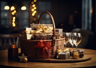 A cinematic shot of a Christmas hamper placed on a rustic wooden table, with warm, golden lighting t