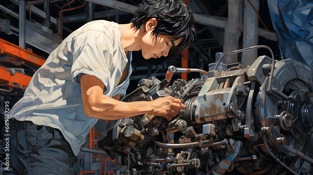 Poster young man fixing machine in a workshop with tools around