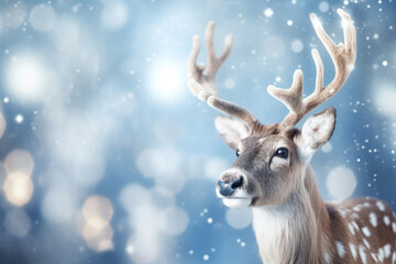 Christmas reindeer against blurred light background and snowfall in shades of blue