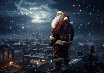 A cinematic shot of Santa Claus standing on a snowy rooftop, with the camera positioned below him, c