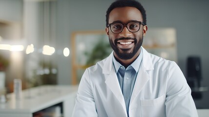 Portrait of smiling attractive african american young male doctor wearing in a white coat standing in a hospital background looking at camera. Good family doctor, therapist advice and friendly. ai. - obrazy, fototapety, plakaty
