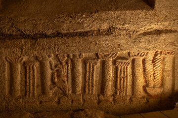 Close up of the beautiful  carving on a sarcophagus it  in the newly opened area in the Cave of the...