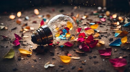 Creative design of an exploded light bulb with colorful colors got out of it - obrazy, fototapety, plakaty