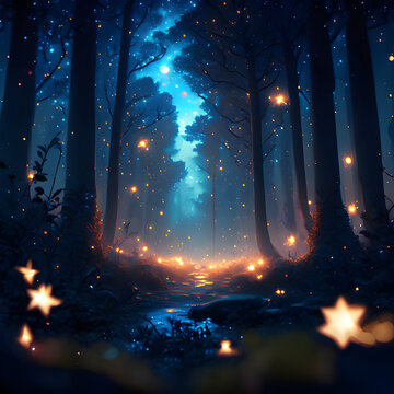 bosque m&aacute;gico con cielo nocturno 