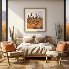 Boho Aesthetic bedroom, realistic photo, with wooden bed, cactus plants, sunlight coming from window, beige armchair and orange pillows, photo frame of cactus, neutral linen sheets, vases, bohemian