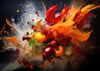 An abstract expressionist composition of Thanksgiving ingredients, arranged in a chaotic and vibrant