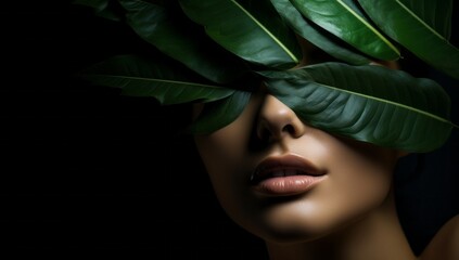 Beautiful woman with a green leaf over her face, bright cosmetic makeup, facial skincare - obrazy, fototapety, plakaty