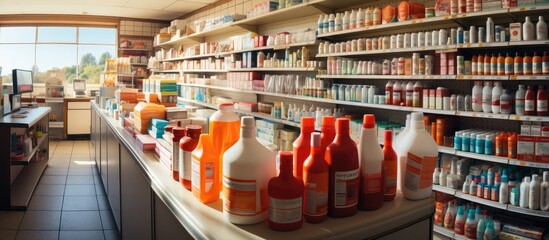 Fototapeta premium panorama of medicine shelves in drug store and pharmacy background