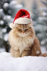 Cute cat in a hat on a Christmas background