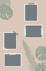 Set of black photo frames with duct tape on beige tropical background. Palm and monstera leaves. Floral wallpaper design. Template for greeting cards, stories posts, poster, banner. Vector mockup. 