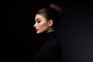 Fashion art studio portrait of beautiful elegant woman in black turtleneck. Hair high beam, perfect profile face. Elegant beauty style