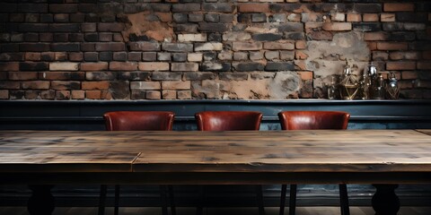 empty wooden table with dark brick wall background